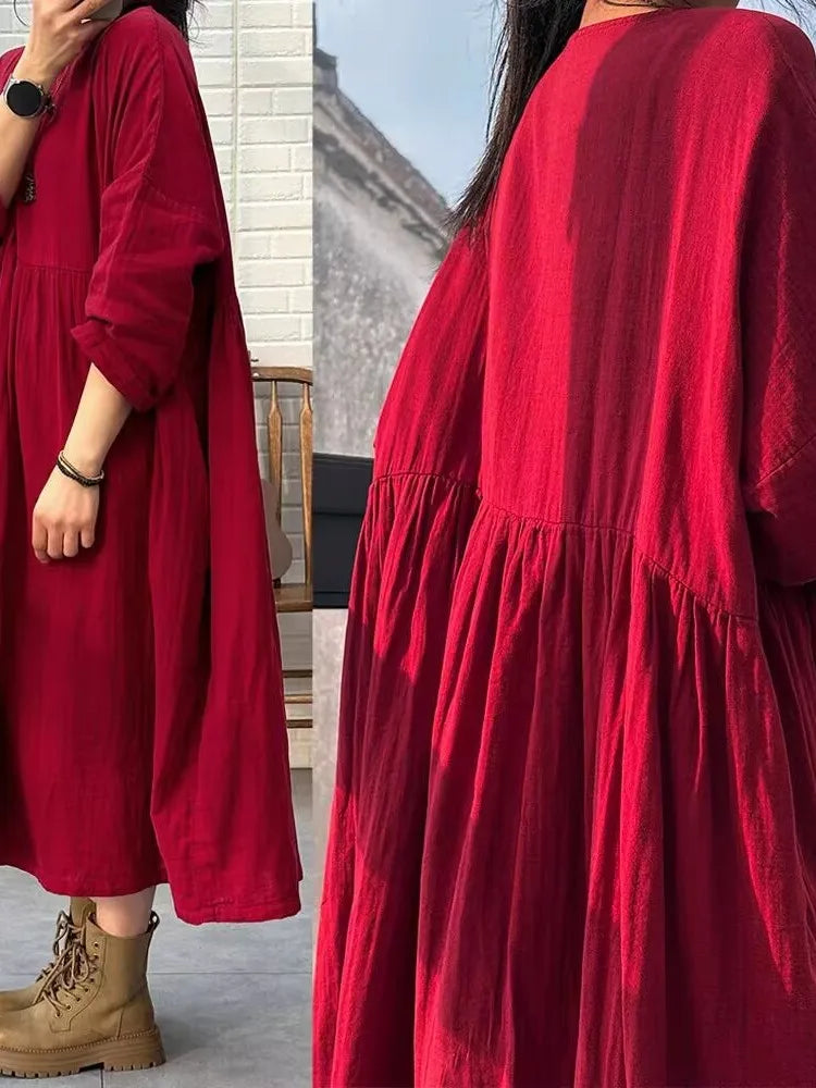 Retro Red Long Dress for Women | Loose High Waist Vintage Doll Style Skirt | Autumn Spring Casual Fashion Dress