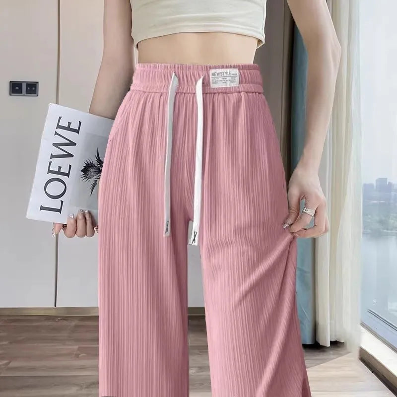 New 2025 Women’s Ice Silk Wide Leg Pants – High Waist Loose Thin Straight Casual Korean Trousers
