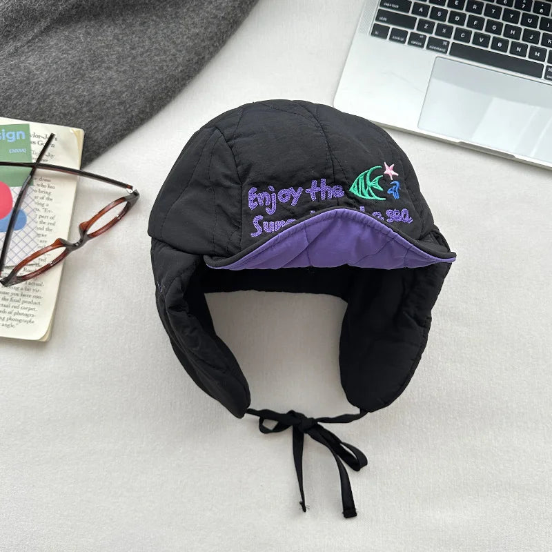 Korean Cute Alphabet Embroidery Thickened Lei Feng Hat Women's Winter Outdoor Cycling Warm Ear Hat Ski Hat