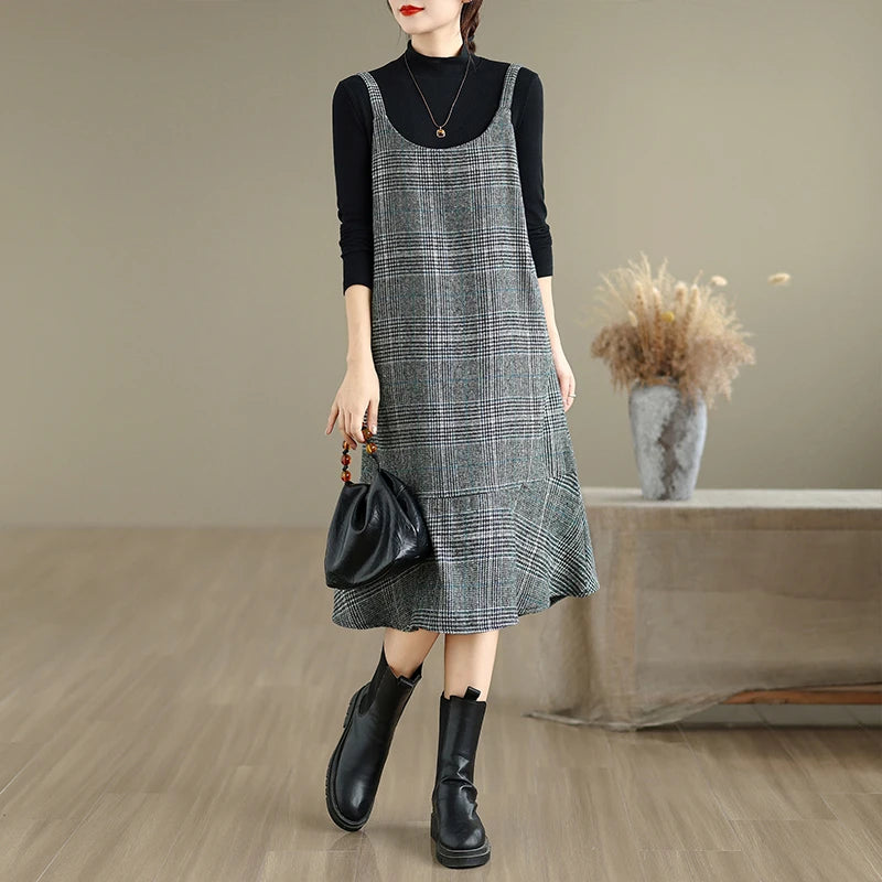 Autumn Winter Plaid Wool Skirt Vest Dress – Slimming Plus Size Mid-Length Thin Base Layer Outerwear | Casual Round Neck Dress