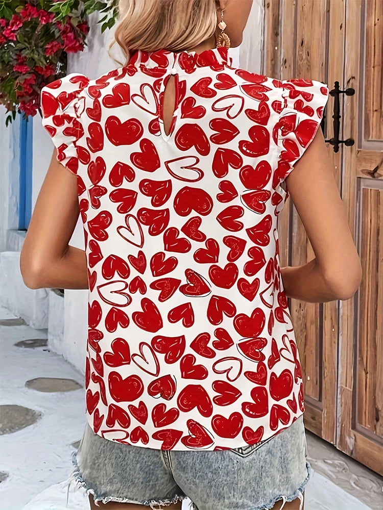 Elegant Heart Print Ruffle Shirt – Fashionable Spring Summer Top, Stylish Valentine’s Day Shirt 🌿✨