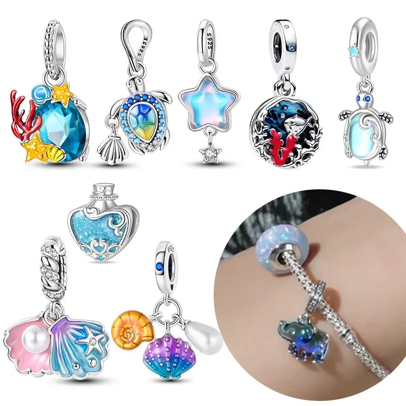 S925 Sterling Silver Ocean Series Star & Sea Turtle Shell Charm – Fits Pandora Bracelet DIY Jewelry for Women