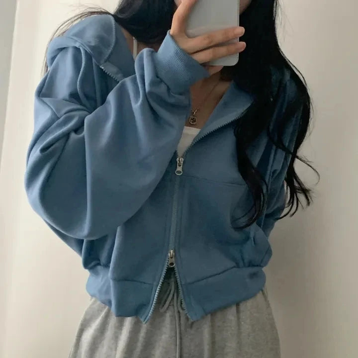 Chic Early Autumn Casual Long Sleeve Hoodie – Double Zipper Loose Versatile Cotton Pullover | Pure Color Commute Wear