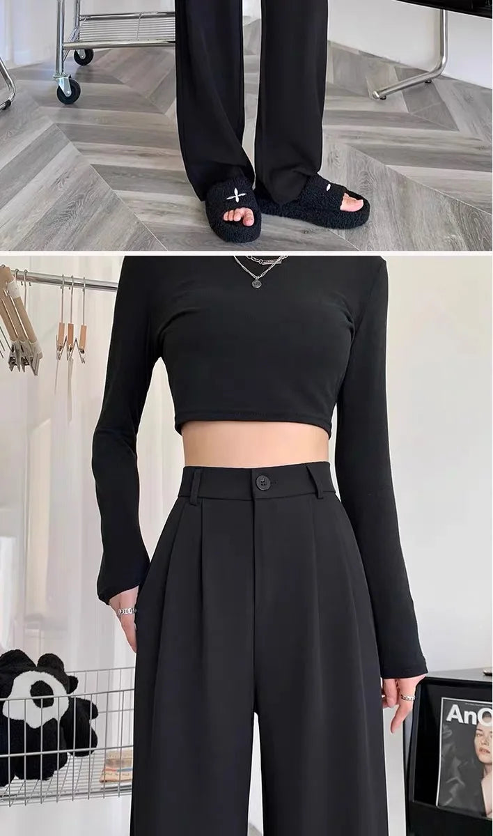 Women’s Slim Fit Straight Leg Suit Pants | Summer Thin Black Casual Trousers for Pear Shaped Body & Wide Hips