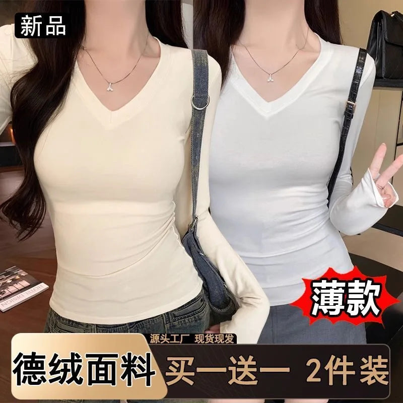 Women's Fleece-Lined Long Sleeve T-Shirt ❄️ Sweet Slim Fit U-Neck Top 👚 Autumn Winter Warm Fashion