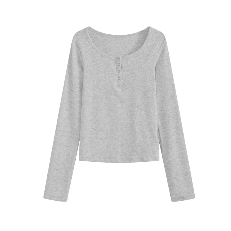 American Style Short Fit Women’s Long Sleeve U-Neck Tight Body Short-Length T-Shirt – Sexy Autumn Top