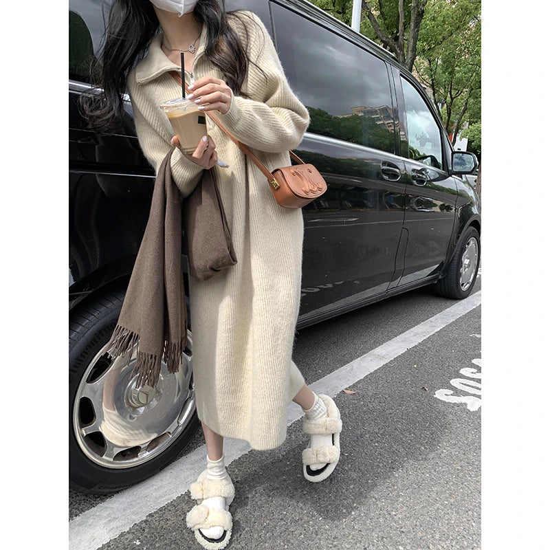 2025 Spring Autumn Knitted Midi Dress for Women | Long Sleeve Loose Fit Base Layer Straight Cut Polyester Dress