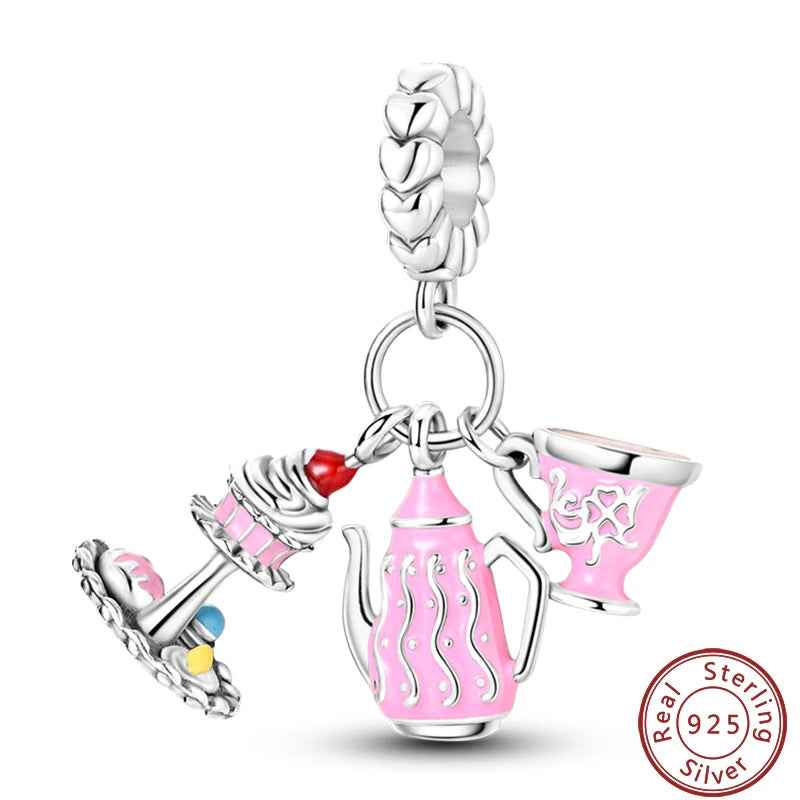 925 Sterling Silver Dessert Afternoon Tea Charm – Coffee, Cake, Pizza & Fries Beads Fit Original Pandora Bracelet DIY Jewelry