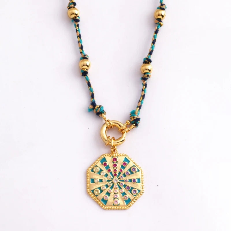 Star Celestial Evil Eye Beaded Necklace Boho Long Knot Cotton Cord Jewelry