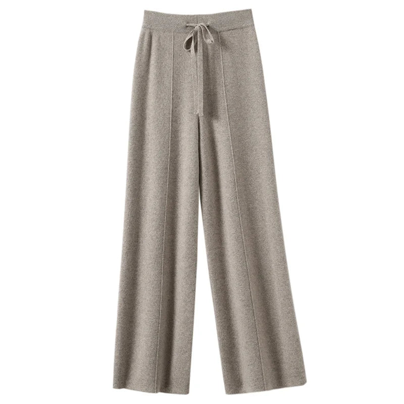 High Waist Knitted Wool Wide Leg Pants – Extended Length Drawstring Casual Loose Slimming Trousers for Autumn & Winter