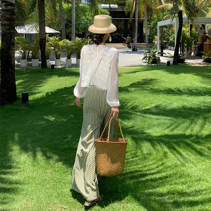 Vacation Style High Waist Wide Leg Pants – Thin Long Ethnic Print Pants for Beach & Holiday Wear
