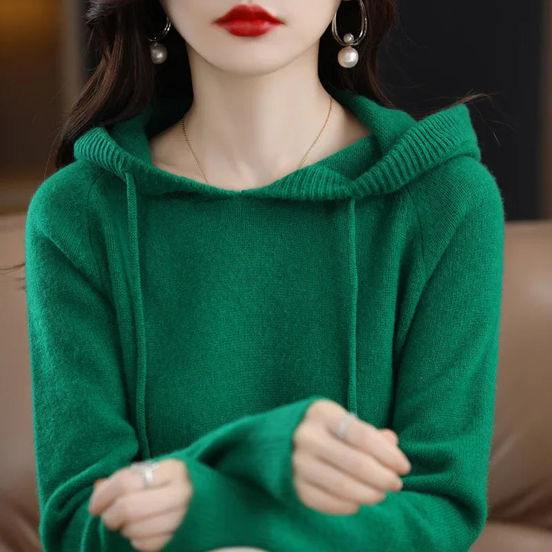 Women Pullover Sweater Hooded Jumper – Korean Loose Fit Solid Long Sleeve Thick Warm Knitted Sweater Autumn Winter