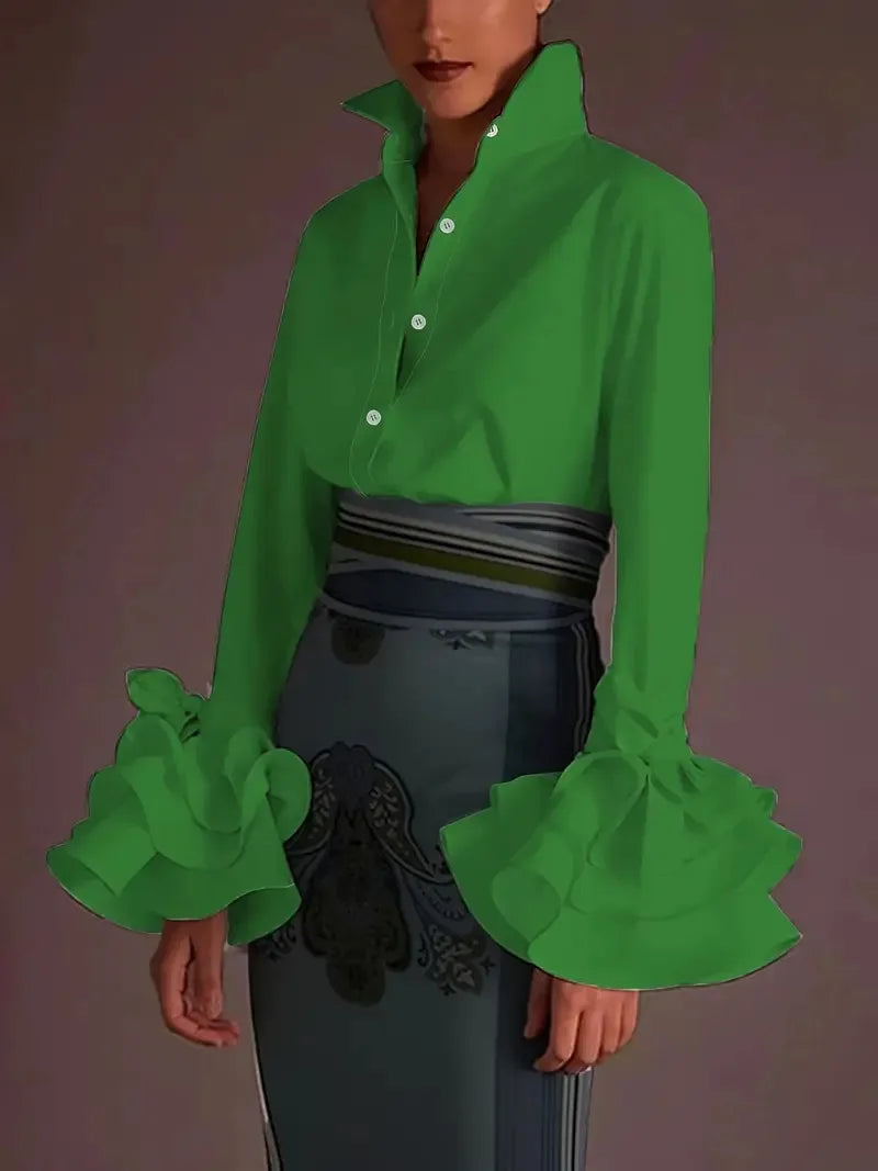 Women’s Elegant Flared Sleeve Falbala Blouse – Spring Autumn Solid Color Office Top 👚✨