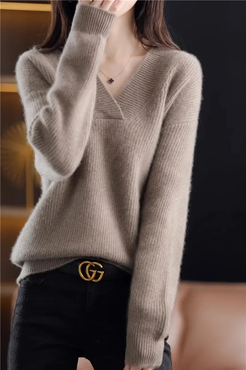 Autumn Winter Women’s V-Neck Knit Sweater – Solid Loose Pullover Soft Warm Casual Top