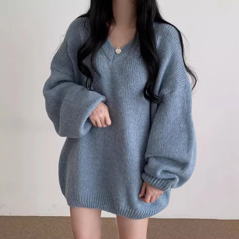 Soft Cozy Knitwear Women’s Loose Sleeve Sweater – Autumn Winter New Fashion V-Neck Long Sleeve Korean Commute Outerwear