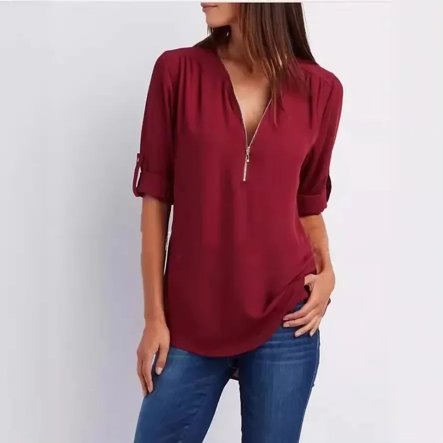 2025 Women’s Chiffon Blouse | Sexy Deep V-Neck Zipper Pullover Loose Fashion Top Plus Size