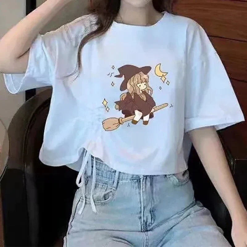 Women’s Drawstring Cotton T-Shirt | Loose O-Neck Drop Sleeve Pullover | Spring Summer Casual Solid Knit Top