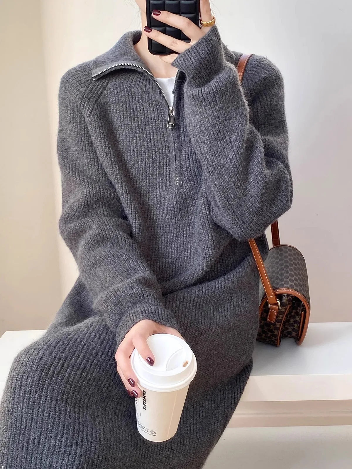 Thickened Long Sleeve Knitted Dress with Zipper Collar – Straight Tube Korean Style Winter Women’s Commute Warm Dress