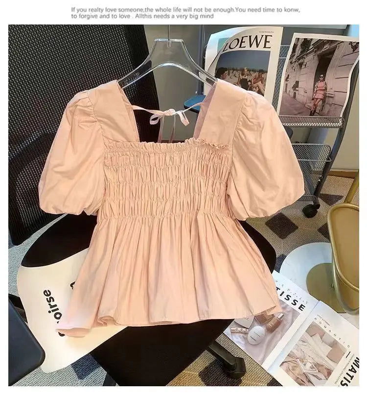 ☀️ Summer 2025 New Square Collar Pleated Short Sleeve Doll Shirt 👚 Women’s Small Size Bubble Sleeve Chiffon Blouse Top 🌸