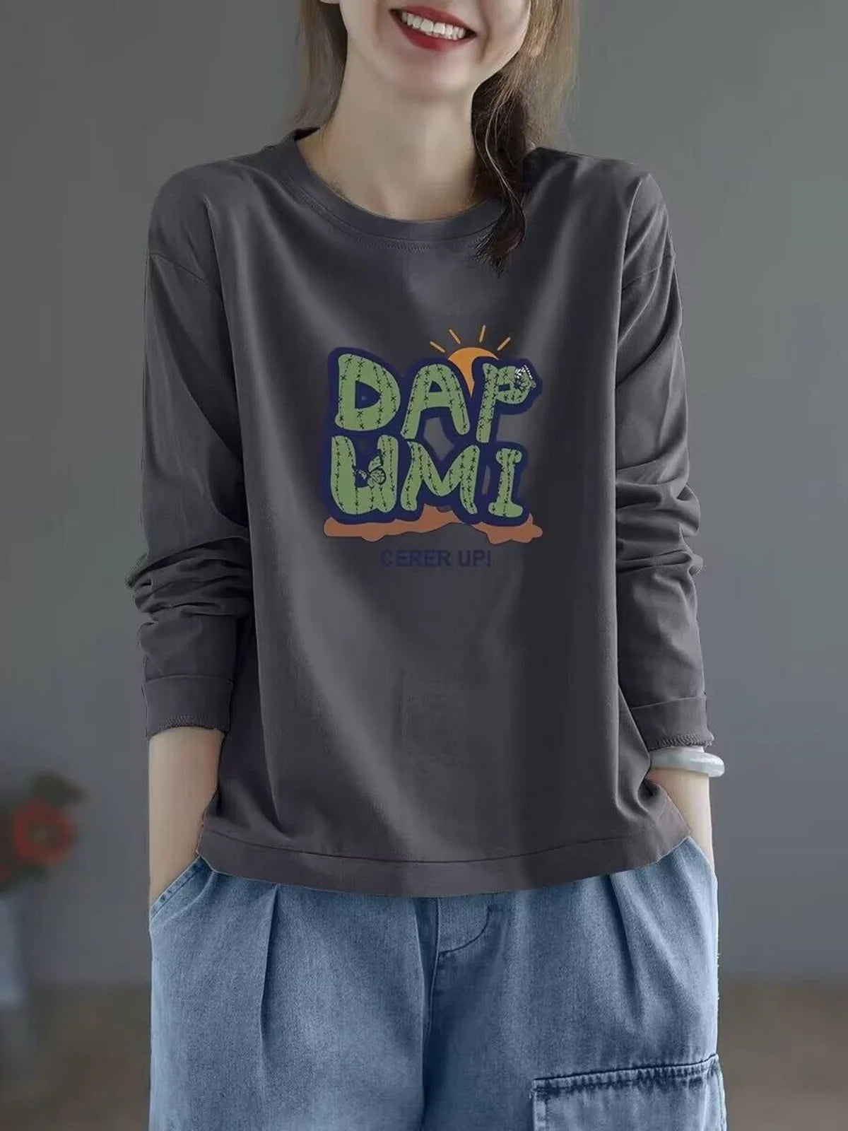 100% Cotton Long Sleeve T-Shirt | Women’s Casual Loose Slimming Top | Autumn Round Neck Fashionable Tee