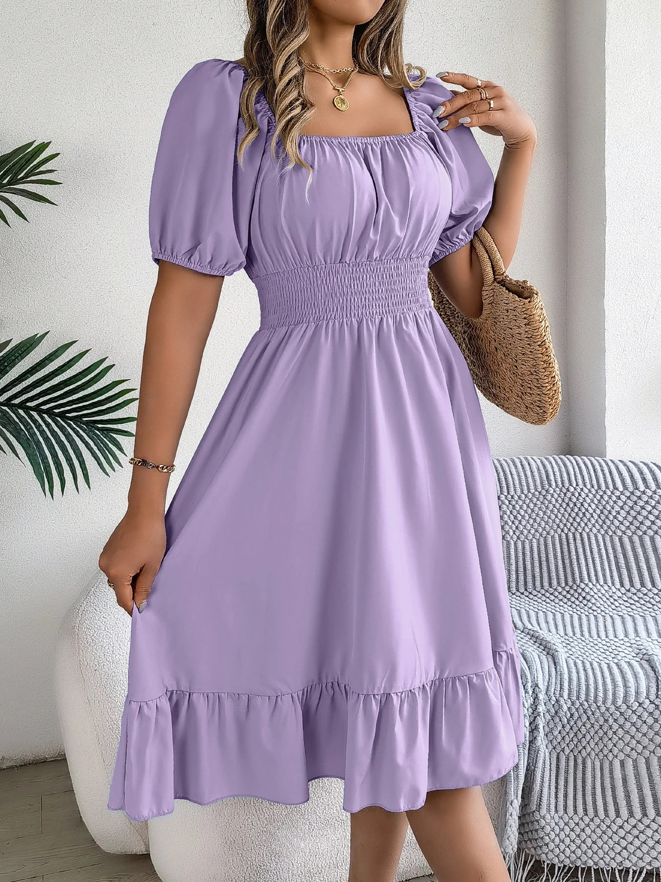 2026 Women’s Elegant High-Waisted Dress – Square Neck, Short Sleeve, Ruffled Edge Long Dress | Spring Summer Valentine’s Day