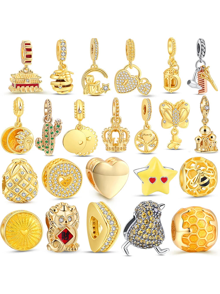 New Plated Gold Sparkling Charm Palace Museum Chicken Cactus Bee Bead | Fit Original 925 Silver Bracelet DIY Jewelry Gift