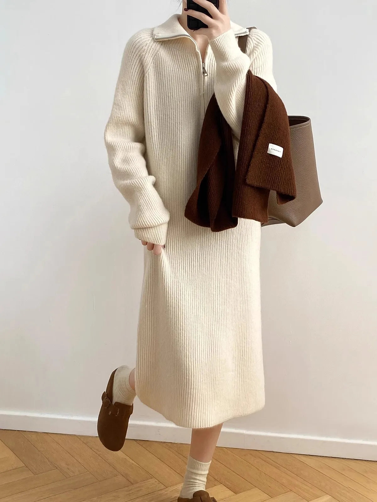 Thickened Long Sleeve Knitted Dress with Zipper Collar – Straight Tube Korean Style Winter Women’s Commute Warm Dress
