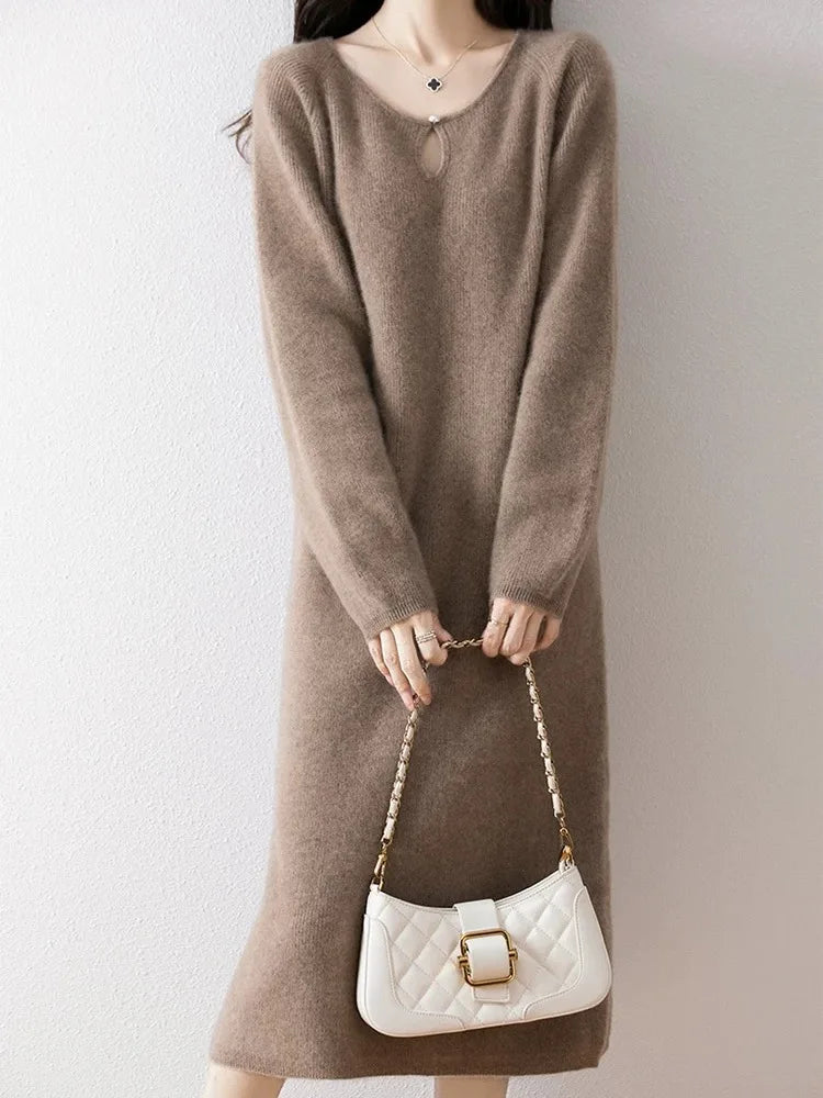 Loose Knitted Sweater Dress for Women – Round Neck Long Sleeve Casual Autumn New Arrival Elegant Fashion Dress
