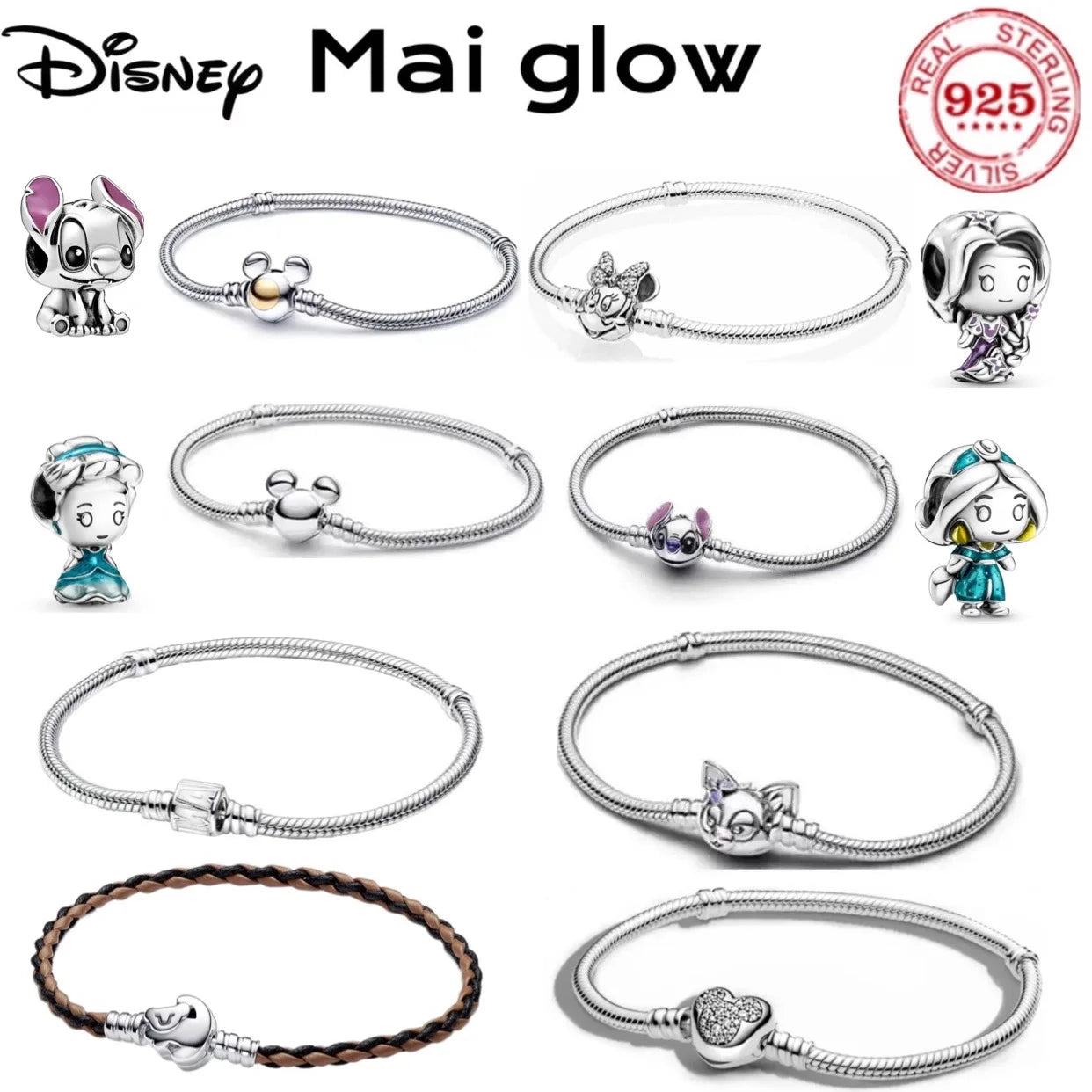 Disney 925 Sterling Silver Charm Bracelet | Mickey Minnie Stitch Jewelry