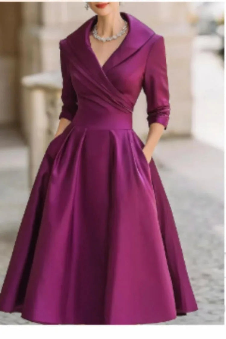 Elegant Solid Color V-Neck Waist Cinching Dress – Autumn Winter Women’s Long Sleeve Sexy Dress with Pockets | Ropa Mujer