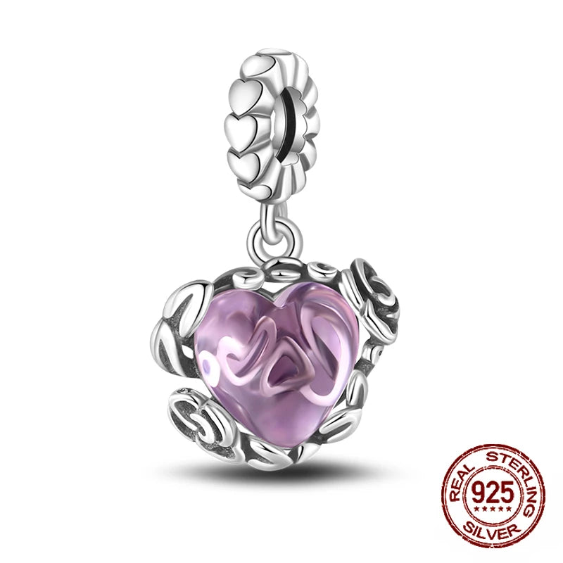 925 Sterling Silver Purple Flower & Butterfly Dangle Charm | Bead for 4MM Bracelet or Necklace DIY Jewelry Gift