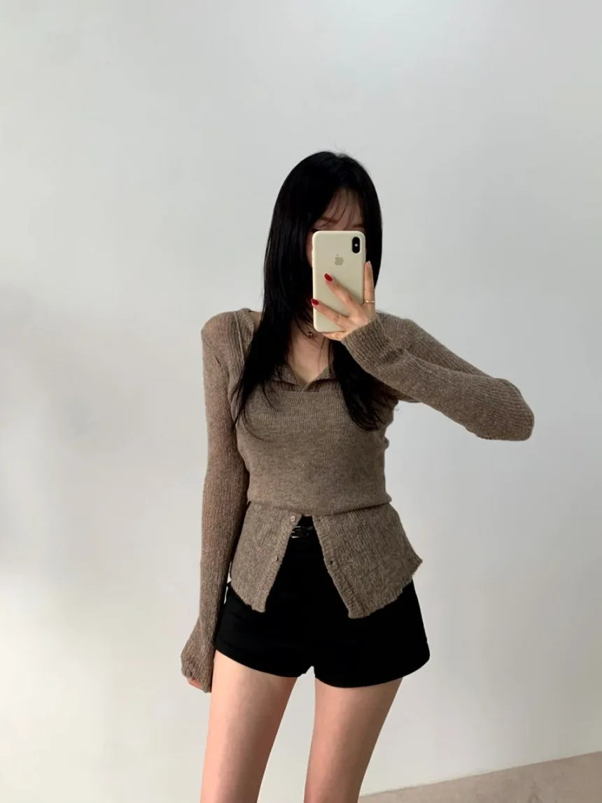 Simple round Ne Button up Knit Sweater Strap Set Casual Sle Polyester Fiber Open Cardigan for Women Autumn Winter ential