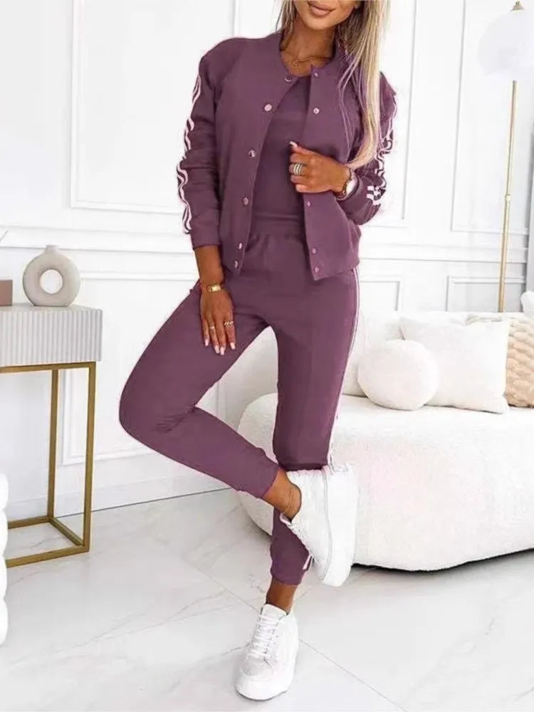 Autumn Women’s 3-Piece Suit 🍂 Striped Tracksuit Jacket + Tank + Pants ✨