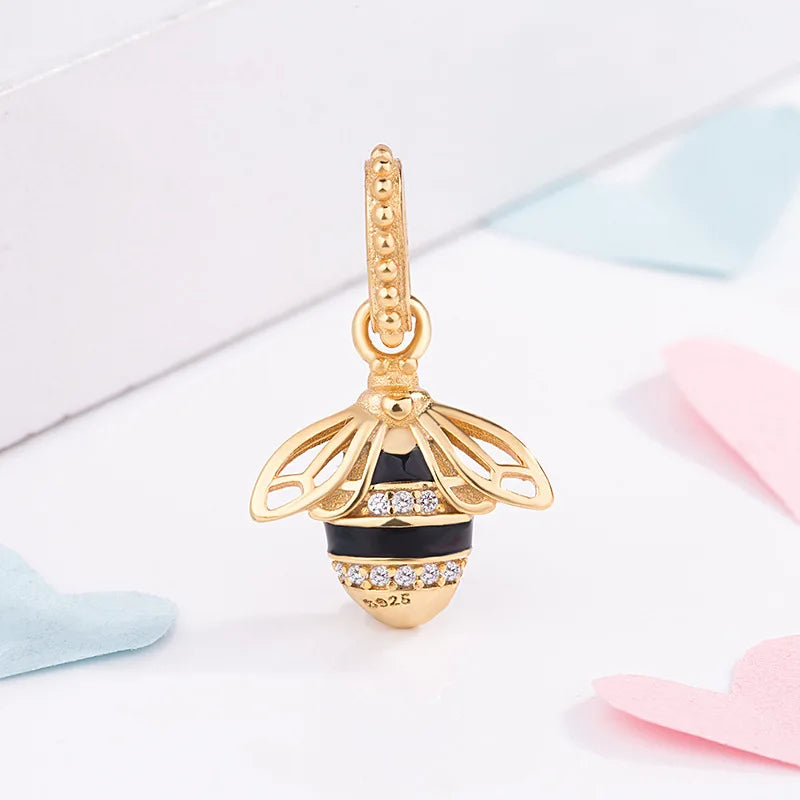 925 Sterling Silver Black Enamel Gold Queen Bee Charm Pendant Fit Pandora Bracelet & Necklace
