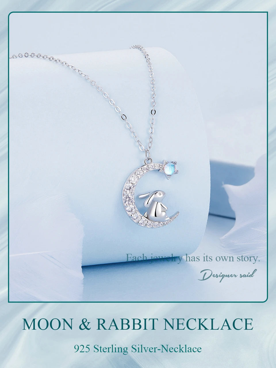 WOSTU 925 Sterling Silver Cat & Rabbit Moon Necklace | Star Zircon Pendant for Women Fine Jewelry Gift