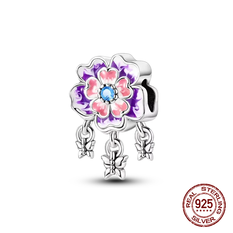 925 Sterling Silver Purple Flower & Butterfly Dangle Charm | Bead for 4MM Bracelet or Necklace DIY Jewelry Gift