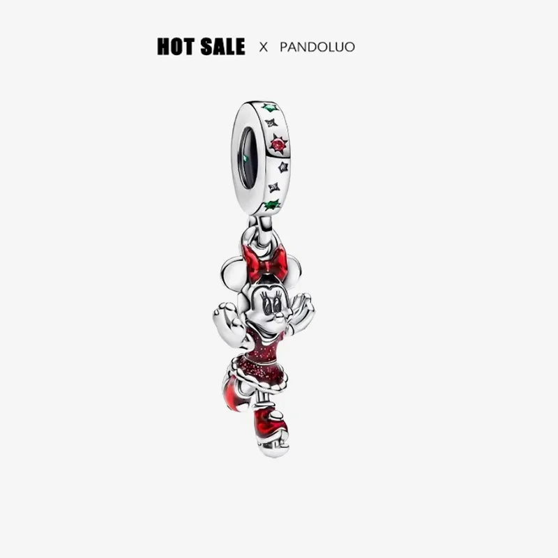 925 Silver Disney Christmas Charm Trio | Mickey Wreath Minnie Ice Skating Bead Pendant Fits Pandora Bracelet