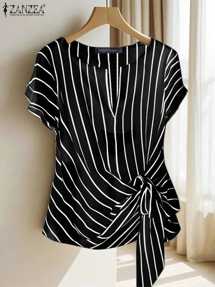 Fashion Stripe Blouse 2025 ZANZEA Women’s V-Neck Short Sleeve Summer Top – Elegant OL Work Shirt 👚✨