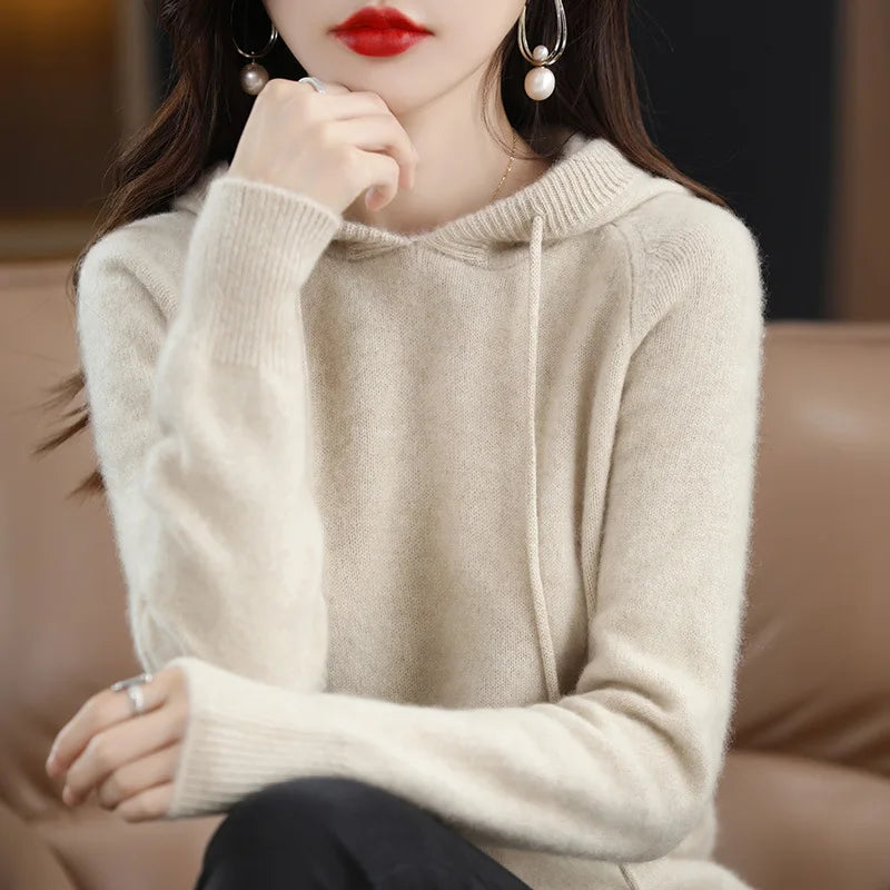 Women Pullover Sweater Hooded Jumper – Korean Loose Fit Solid Long Sleeve Thick Warm Knitted Sweater Autumn Winter