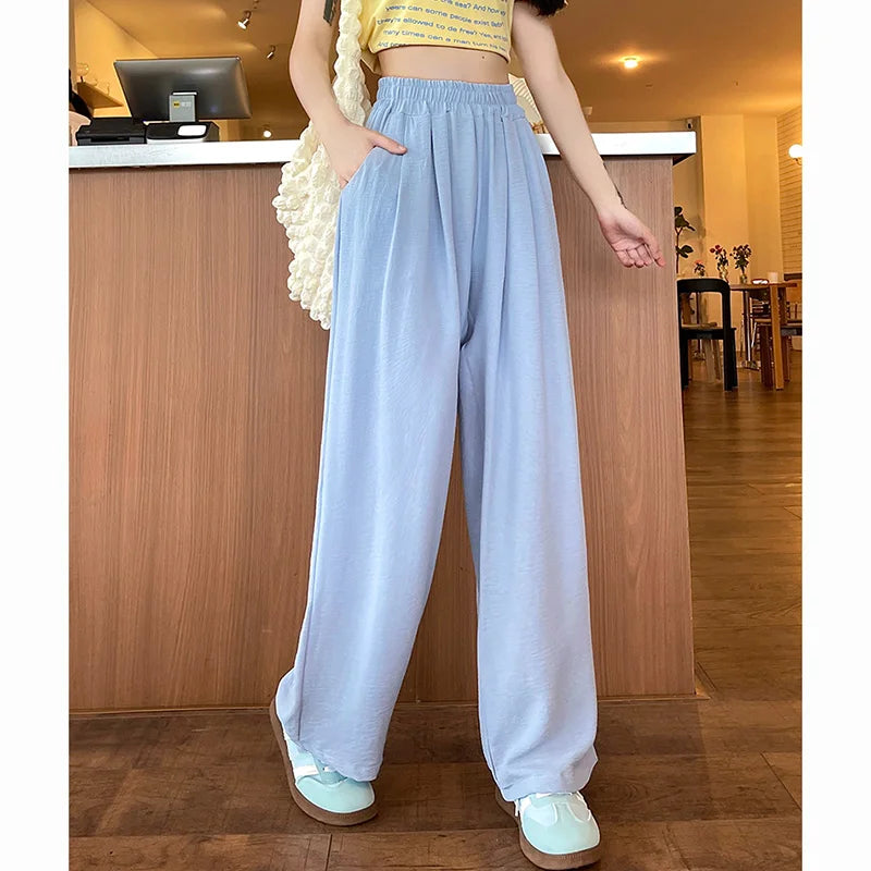 Summer Women Colorful Ice Silk Pants | High Waisted Wide Leg Trousers | Baggy Straight Leg Casual Pants