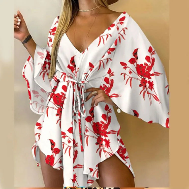 Women’s Floral Print V-Neck Bat Sleeve Dress – Sexy Bohemian Loose Mini Sundress