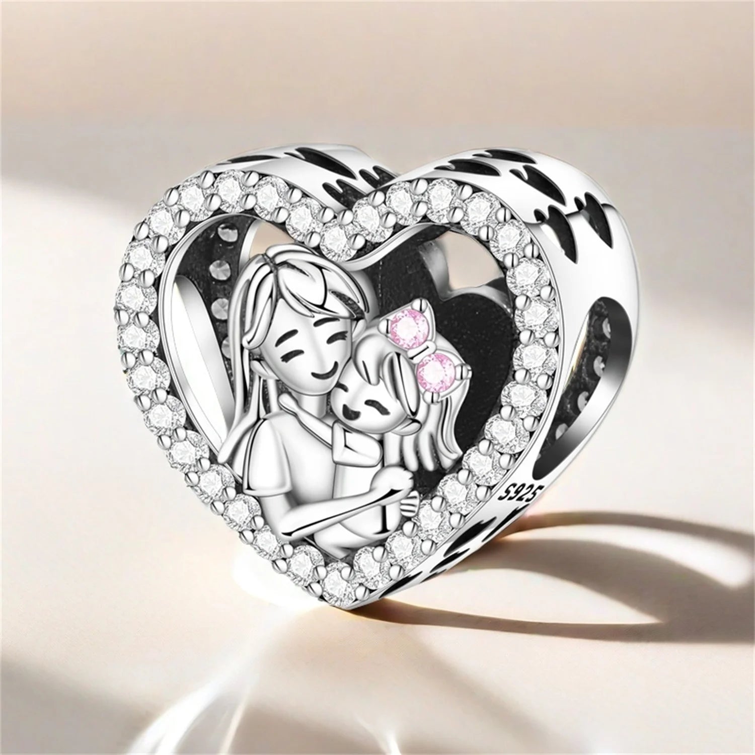 925 Sterling Silver Mother Daughter Love Embrace Pendant Charm | Heart Shaped Bracelet Bead DIY Fine Jewelry Gift