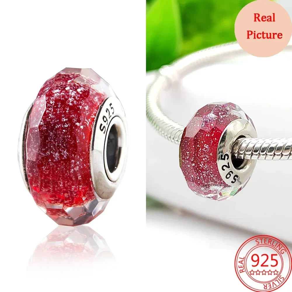 925 Sterling Silver Murano Glass Galaxy & Clover Heart Beads | Fit Pandora Bracelet DIY Jewelry Gift for Mum