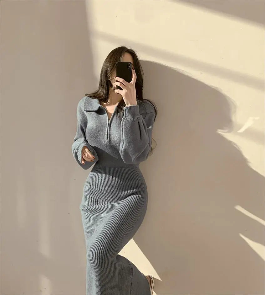 Elegant Neck Knitted Bodycon Dress for Women – Soft Autumn Winter Long Sleeve Casual Comfortable Fashion Dress