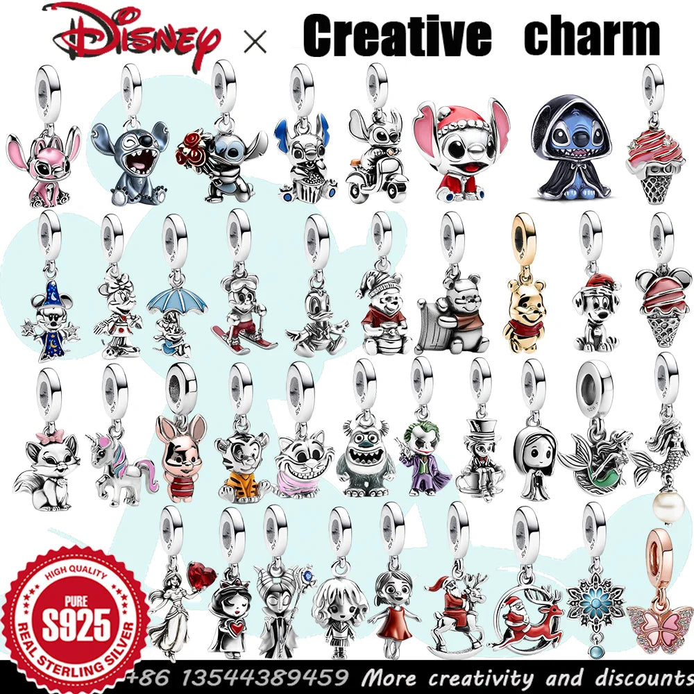 925 Sterling Silver Disney Charms | Stitch, Mickey & Cheshire Cat Beads for Original Bracelet Halloween Jewelry Gift