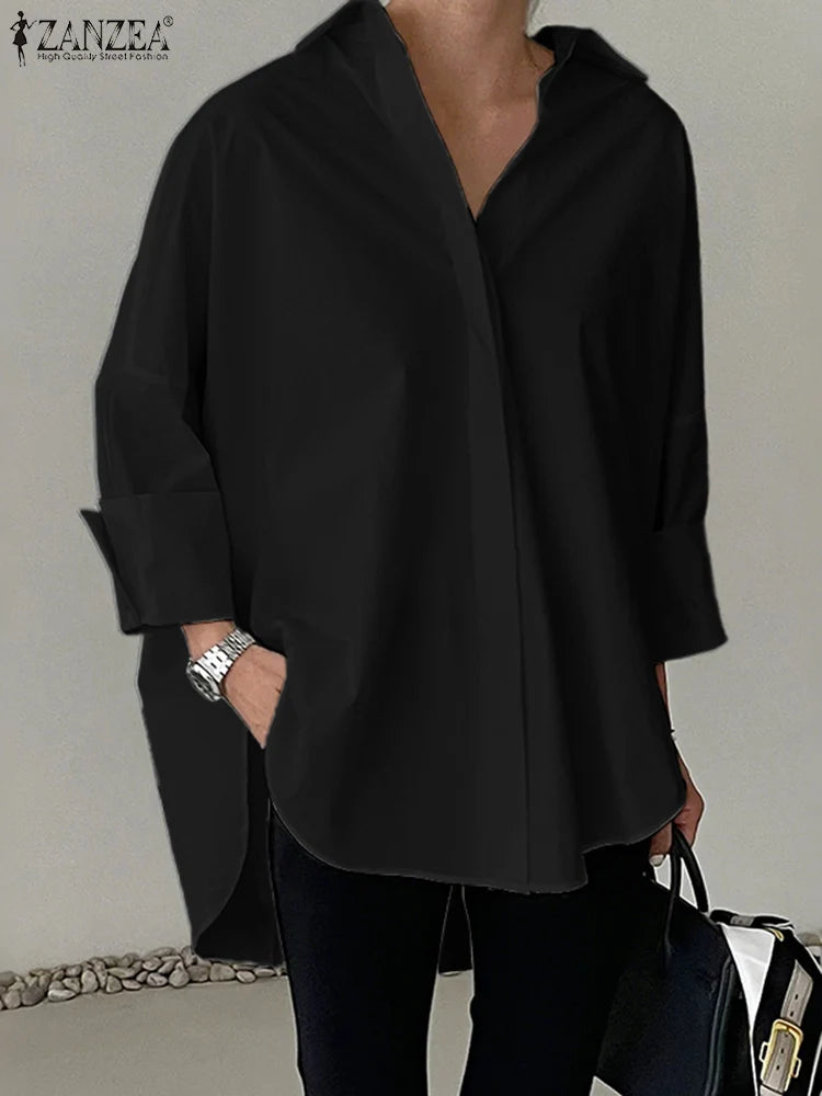 ZANZEA Oversized White Shirt Women – Turn-Down Collar Long Sleeve High-Low Top 2025 Autumn 🤍✨