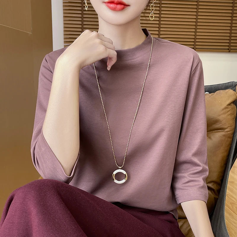 Women’s Cotton T-Shirt | Semi-High-Neck Cropped Sleeve Top | Loose Solid Color Summer & Autumn Bottoming Tee