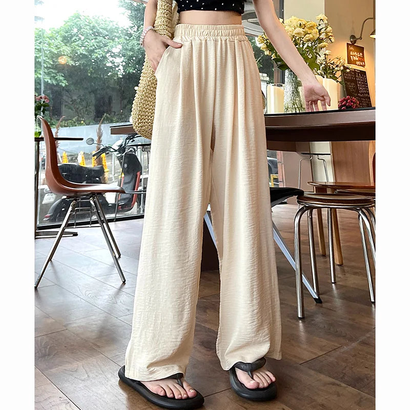 Summer Women Colorful Ice Silk Pants | High Waisted Wide Leg Trousers | Baggy Straight Leg Casual Pants