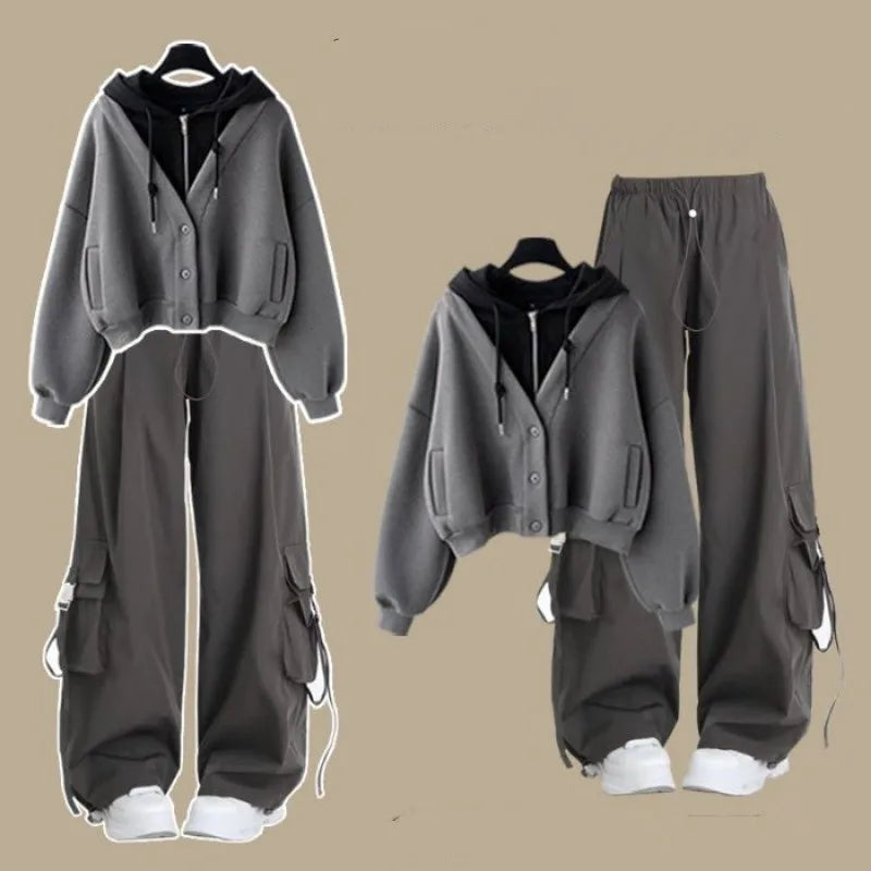 2025 Girls’ Autumn Winter Casual Tracksuit – Korean Style Hooded Sweatshirt & Loose Cargo Pants 👧❄️