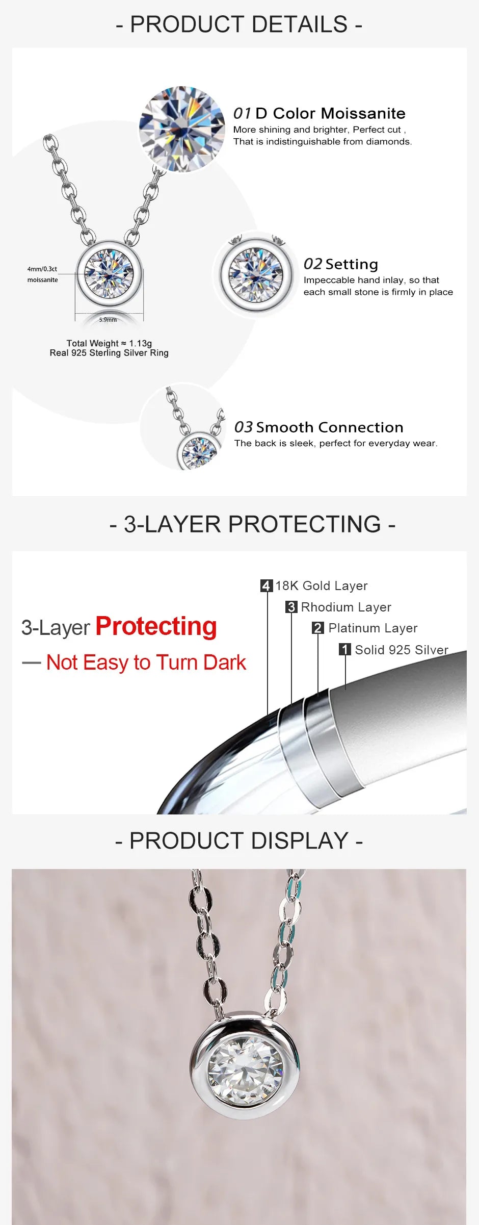 AnuJewel 4mm 0.3ct D Color Moissanite Necklace – 18K Gold Plated 925 Sterling Silver Pendant for Women